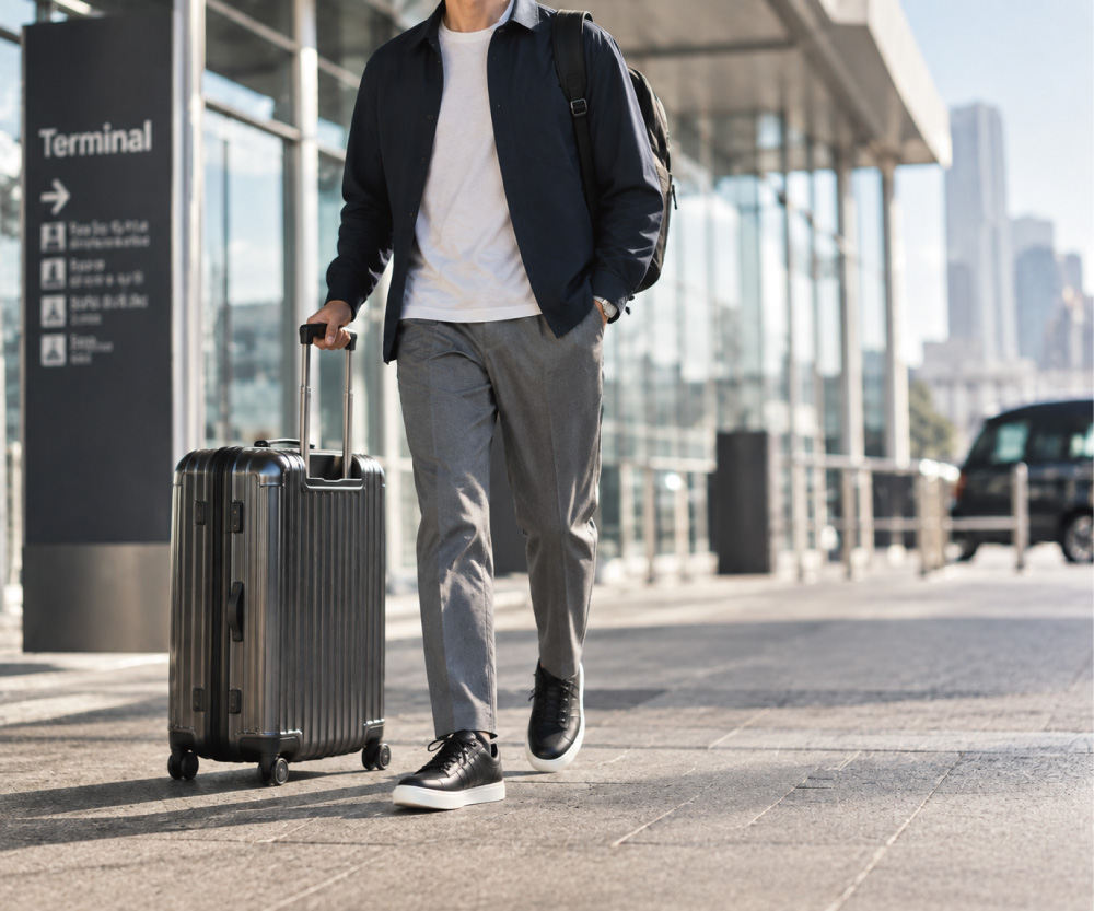 キャリーケースを引きながら旅先へ向かう男性のトラベルスタイル