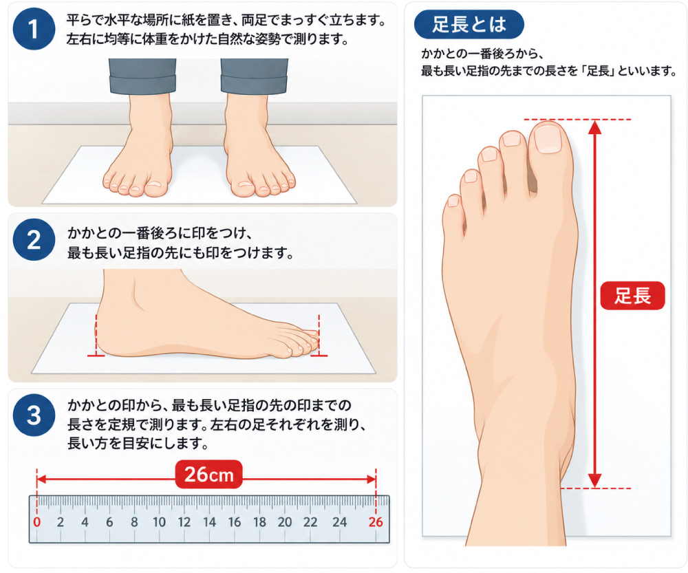自宅で足長を測る方法を3ステップで示した図解